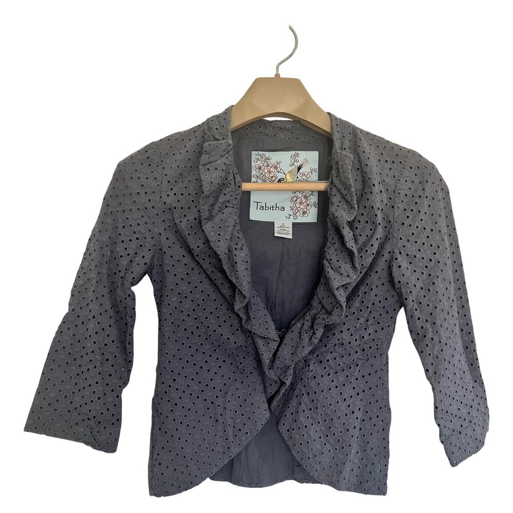 Tabitha Anthropologie Blue Jacket Eyelet Ruffle Open Front Size 4 Cotton